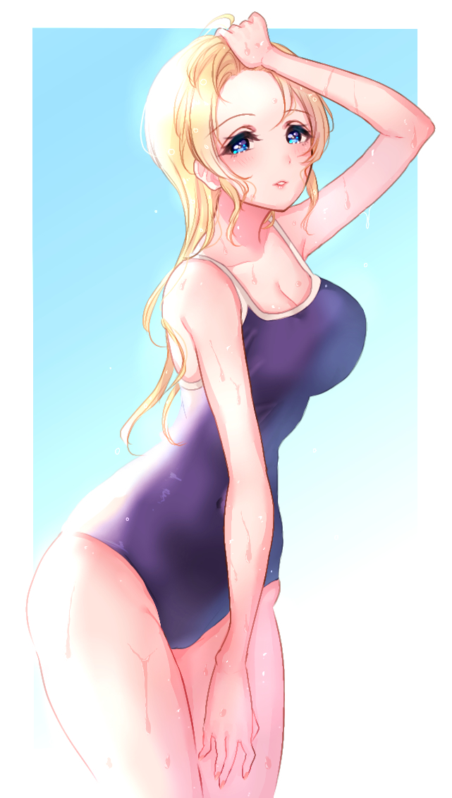 1girl, ayase_eli, bad_id, bad_pixiv_id, bikini, blonde_hair, blue_eyes, blush
