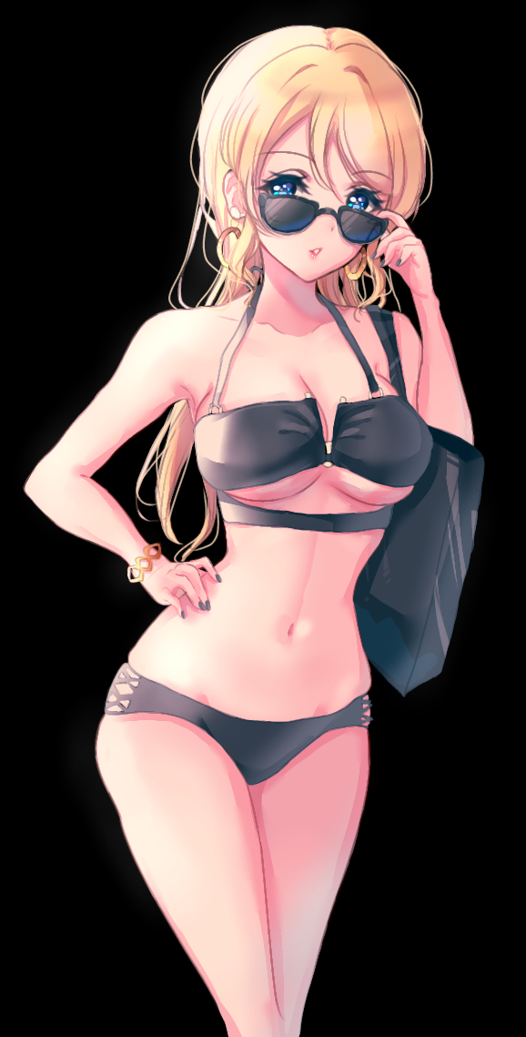 1girl, ayase_eli, bad_id, bad_pixiv_id, bag, bikini, black_background, black_bikini, blonde_hair, blue_eyes, bracelet, breasts, earrings, hair_down, handbag, jewelry, large_breasts, lichi_(elielielichi_10), long_hair, looking_at_viewer, love_live!, love_live!_school_idol_project, navel, parted_lips, sidelocks, smile, solo, sunglasses, swimsuit, underboob