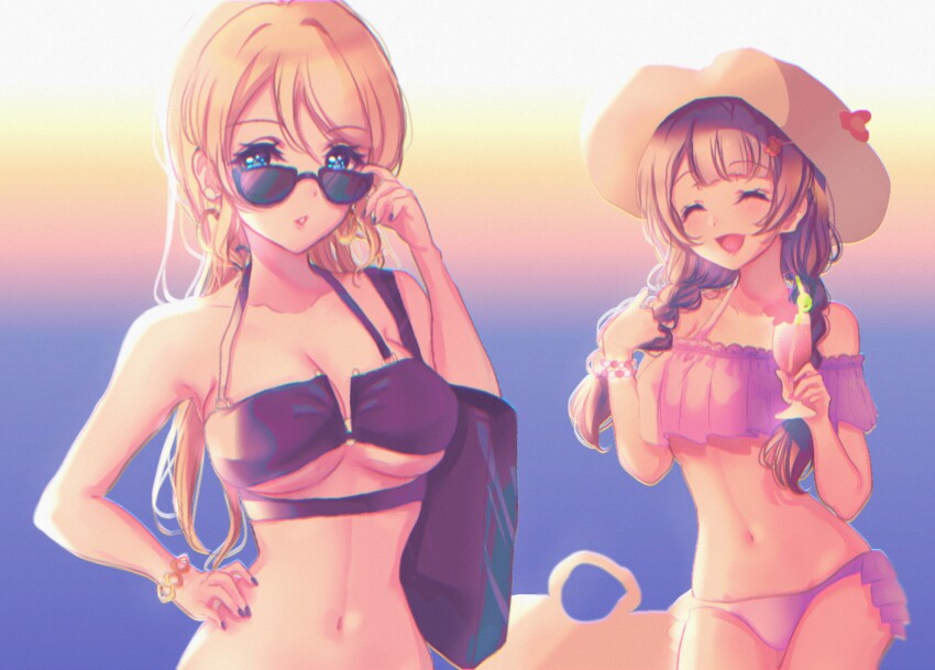2girls, :d, ayase_eli, bad_id, bad_pixiv_id, bare_shoulders, bikini, blonde_hair