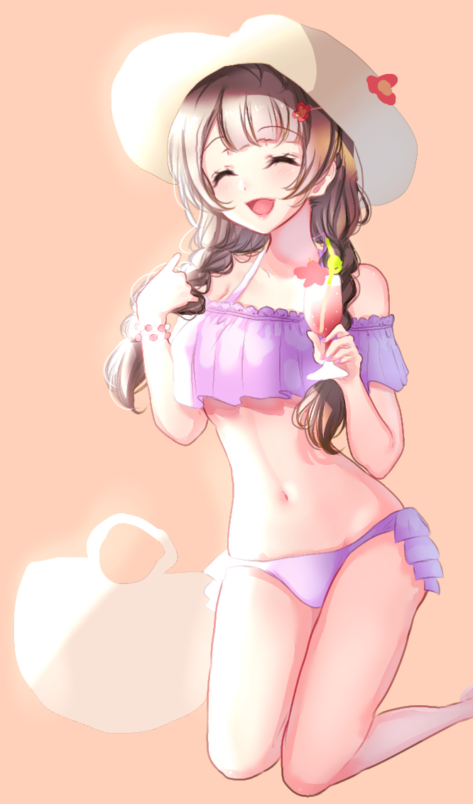 1girl, :d, bad_id, bad_pixiv_id, bikini, closed_eyes, drink, female_focus