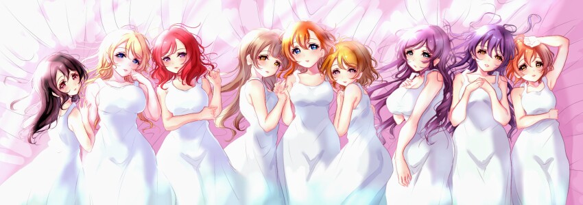 6+girls, ayase_eli, bad_id, bad_pixiv_id, bed, black_hair, blonde_hair, blue_eyes, blue_hair, blush, brown_hair, dress, green_eyes, hair_down, highres, hoshizora_rin, koizumi_hanayo, kosaka_honoka, lichi_(elielielichi_10), long_hair, looking_at_viewer, love_live!, love_live!_school_idol_project, minami_kotori, multiple_girls, nishikino_maki, on_bed, orange_hair, purple_eyes, purple_hair, red_eyes, red_hair, short_hair, smile, sonoda_umi, tagme, tojo_nozomi, white_dress, yazawa_nico, yellow_eyes