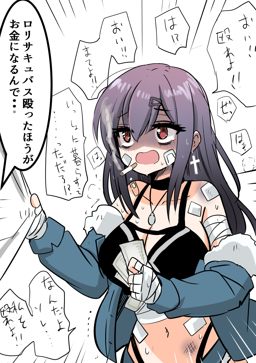 1girl, bandages, bandaid, banknote, bare_shoulders, blue_coat, breasts, cleavage