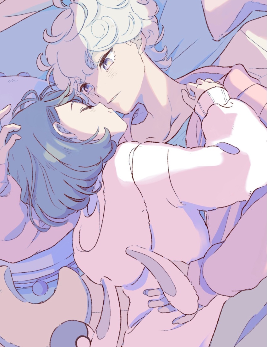 1boy, 1girl, 9no_kabe, bad_id, bad_twitter_id, bede_(pokemon), bright_pupils, closed_eyes, closed_mouth, commentary_request, curly_hair, from_side, gloria_(pokemon), hetero, highres, hood, hood_down, indoors, long_sleeves, looking_at_another, lying, nintendo, on_side, parted_lips, pillow, pokemon, pokemon_sword_and_shield, short_hair, smile