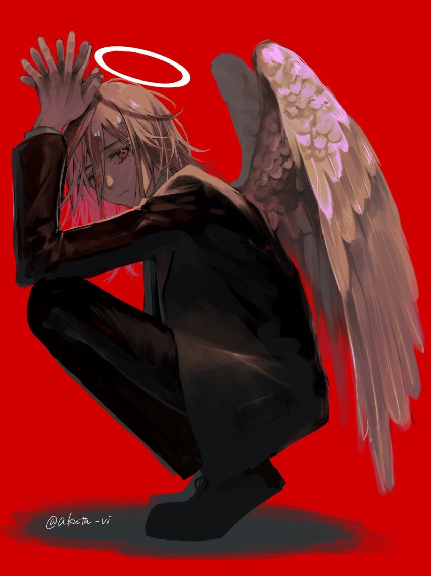 1boy, akuta_vi, angel_devil_(chainsaw_man), angel_wings, black_footwear, black_jacket, black_necktie, black_pants