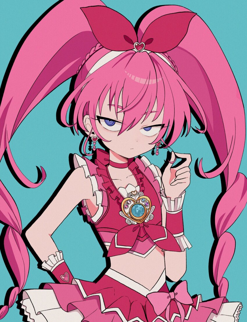 1girl, blue_background, blue_eyes, choker, cure_melody, earrings, heart, heart_earrings, highres, houjou_hibiki, jewelry, magical_girl, mayura_nebo, midriff, miracle_belltier, pink_choker, pink_hair, pink_shirt, precure, shirt, sleeveless, solo, suite_precure, twintails, wrist_cuffs