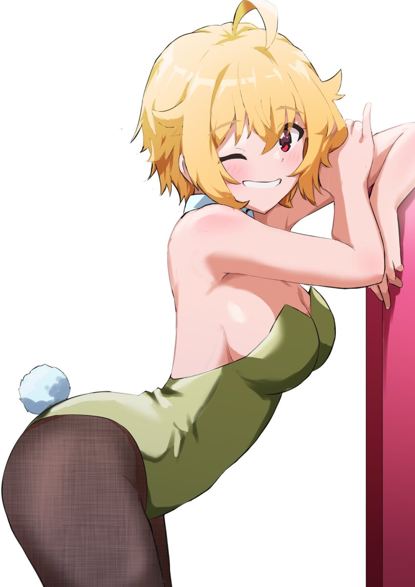 ;d, ahoge, black_pantyhose, blonde_hair, blush, breasts, cleavage, detached_collar