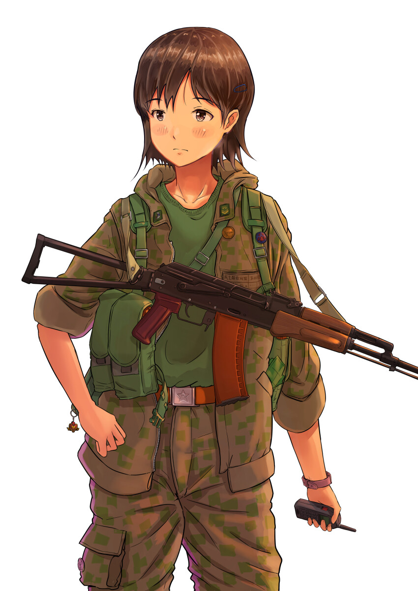 1girl, absurdres, ak-74, aks-74, ammunition_pouch, assault_rifle, badge, belt, belt_buckle, black_eyes, blush, brown_hair, brown_pants, buckle, button_badge, camouflage, camouflage_jacket, camouflage_pants, cargo_pants, charm_(object), closed_mouth, collar_tabs, collarbone, folded_stock, green_shirt, gun, gun_sling, hair_ornament, hairclip, hand_on_own_hip, highres, holding, holding_walkie-talkie, hood, hood_down, hooded_jacket, jacket, kalashnikov_rifle, light_frown, looking_to_the_side, military, military_jacket, military_uniform, nikolai_ezhov, open_clothes, open_jacket, orange_belt, original, pants, patch, pocket, pouch, rifle, shirt, short_hair, simple_background, three-quarter_sleeves, sleeves_rolled_up, soldier, solo, star_(symbol), t-shirt, walkie-talkie, watch, weapon, white_background, wristwatch