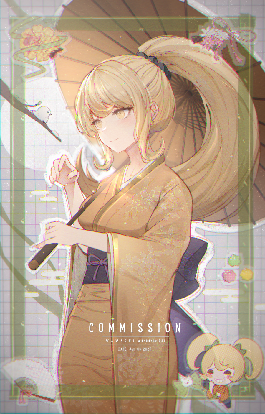 1girl, animal, bird, black_scrunchie, blonde_hair, bow, chibi, closed_mouth