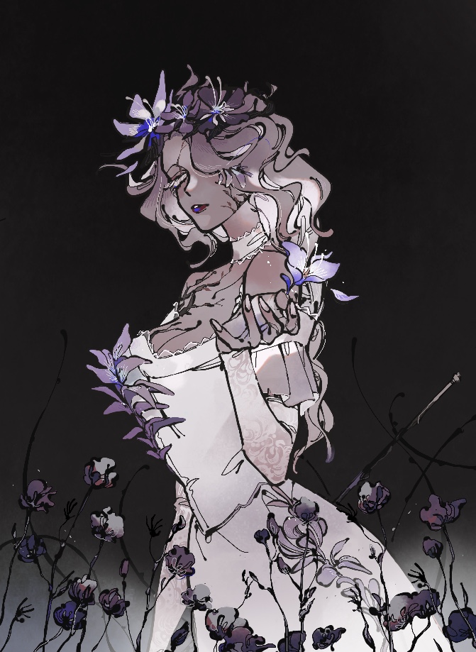 1girl, black_background, braid, breasts, bridal_gauntlets, cleavage, closed_eyes, colored_eyelashes, cowboy_shot, cracked_skin, dress, dress_flower, fingernails, flower, grace_(identity_v), grace_(rosemary)_(identity_v), grey_hair, hair_flower, hair_ornament, hair_over_one_eye, identity_v, large_breasts, lipstick, long_hair, makeup, medium_breasts, off-shoulder_dress, off_shoulder, official_alternate_costume, parted_lips, purple_flower, short_sleeves, simple_background, single_braid, solo, wavy_hair, white_bridal_gauntlets, white_dress, yoshida_(yooosida)