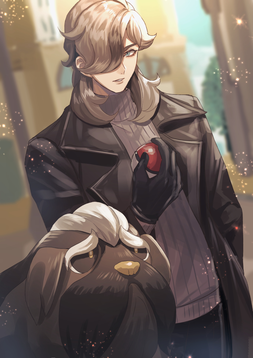 1boy, absurdres, alternate_costume, arven_(pokemon), black_gloves, blurry, blurry_background, brown_coat, brown_hair, coat, commentary_request, day, dog, eyelashes, gloves, green_eyes, hair_over_one_eye, hand_up, highres, holding, holding_poke_ball, long_hair, mabosstiff, male_focus, nintendo, open_clothes, open_coat, outdoors, pants, parted_lips, poke_ball, poke_ball_(basic), pokemon, pokemon_(creature), pokemon_scarlet_and_violet, shiro_(deucqvhzjb2blzg), sweater, turtleneck, turtleneck_sweater
