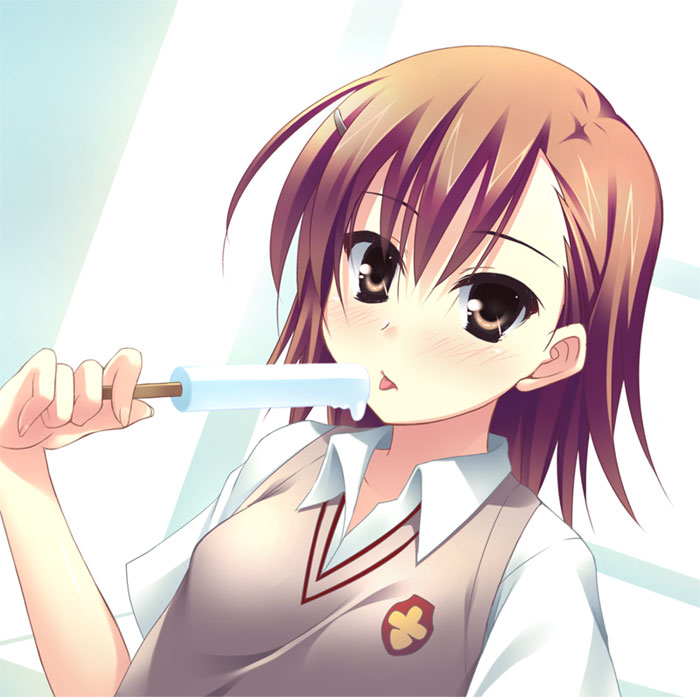 bad_id, bad_pixiv_id, brown_eyes, brown_hair, food, hitoguchi_(hioxhio), licking, misaka_mikoto