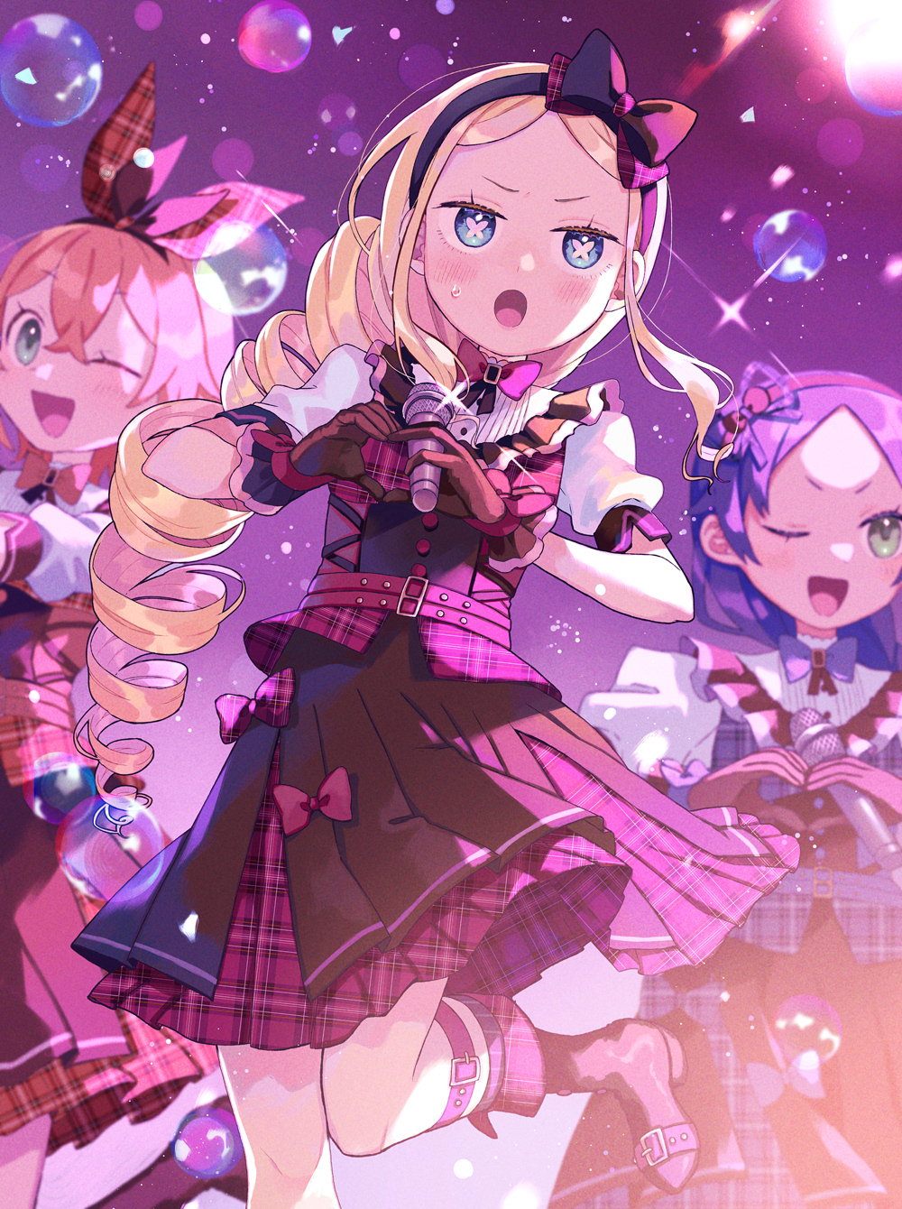 3girls, alternate_costume, alternate_hairstyle, beatrice_(re:zero), blonde_hair, blue_eyes, blue_hair, blush