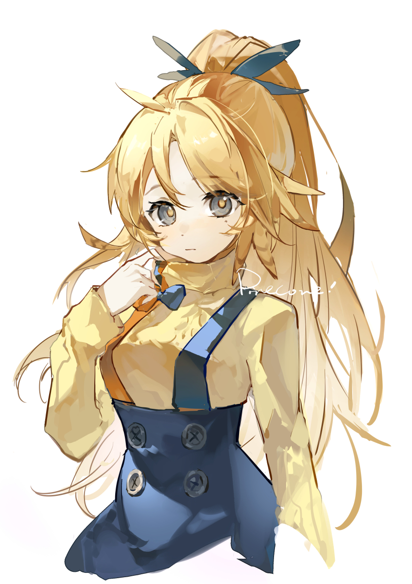 1girl, arknights, arm_at_side, blonde_hair, blue_ribbon, blue_skirt, blush, bright_pupils