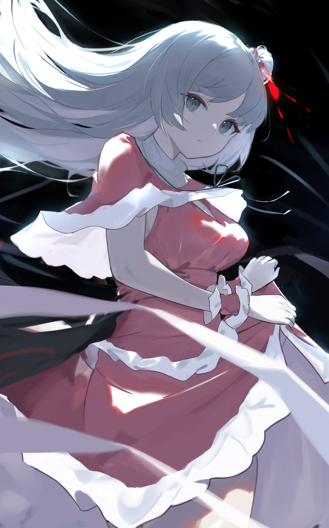 1girl, :/, blue_eyes, breasts, capelet, cleavage, closed_mouth, commission, cowboy_shot, dress, floating_hair, grey_hair, hair_bobbles, hair_ornament, highres, kurowa_(curowa), large_breasts, long_hair, looking_at_viewer, medium_breasts, one_side_up, pixiv_commission, red_dress, shinki_(touhou), solo, swept_bangs, touhou