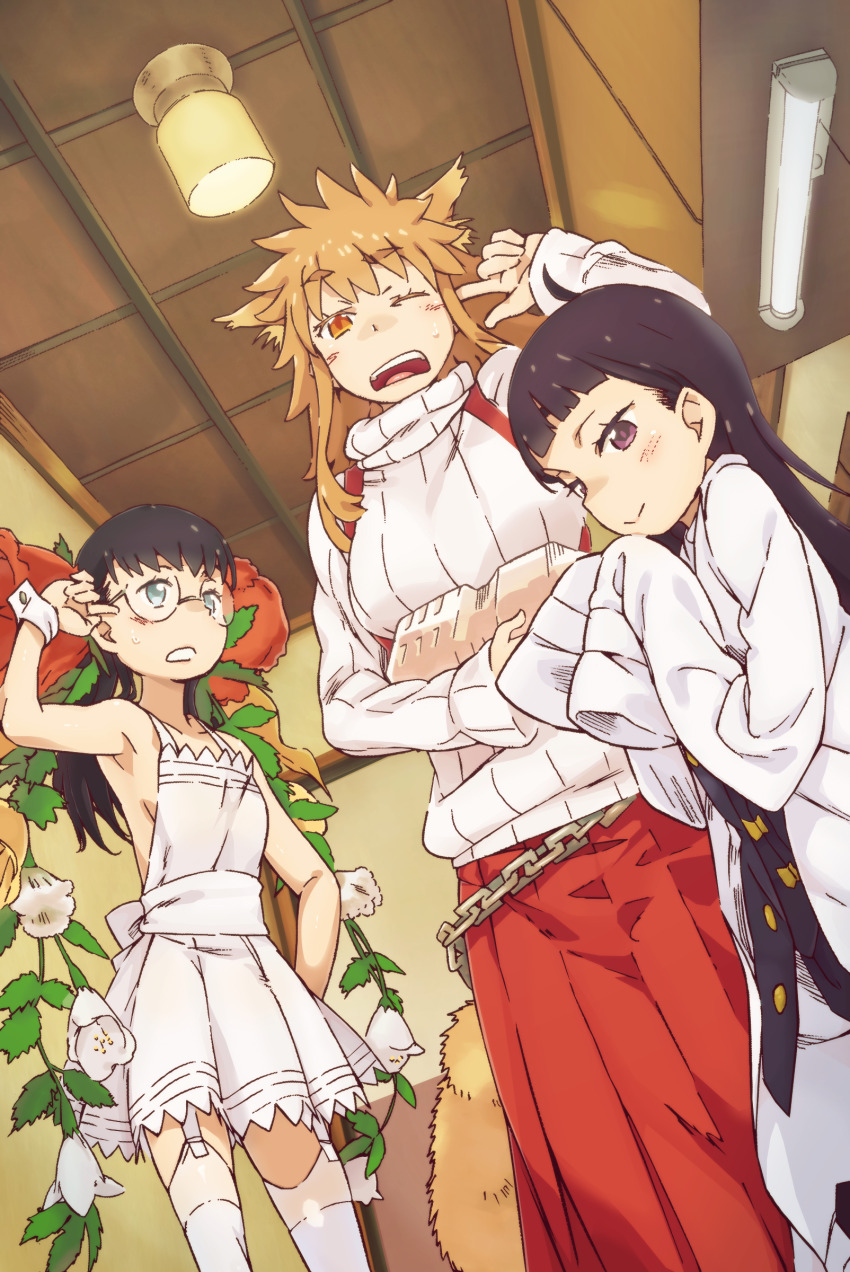 3girls, absurdres, ahoge, animal_ears, arimura_ellen, armpits, bare_shoulders, black_eyes, black_hair, blue_eyes, bottle, breasts, brown_hair, chain, closed_mouth, colorized, commentary, dress, elza_(toaru), fake_tail, feet_out_of_frame, flower, from_below, from_side, garter_straps, gazing_eye, glasses, haimura_kiyotaka, hair_flower, hair_ornament, hand_on_own_hip, hand_up, hands_up, height_difference, highres, holding, holding_bottle, indoors, large_breasts, leaf, light_blush, long_hair, long_sleeves, looking_at_another, looking_at_viewer, medium_breasts, multiple_girls, novel_illustration, official_art, one_eye_closed, open_mouth, orange_eyes, pleated_skirt, red_flower, red_skirt, round_eyewear, shirt, sideboob, skirt, smile, spoilers, standing, sweatdrop, sweater, tail, tazuma_claire, teeth, thighhighs, thighs, toaru_majutsu_no_index, toaru_majutsu_no_index:_new_testament, tongue, upper_teeth_only, very_long_sleeves, white_dress, white_flower, white_shirt, white_sweater, white_thighhighs, white_wrist_cuffs, wrist_cuffs, yellow_flower