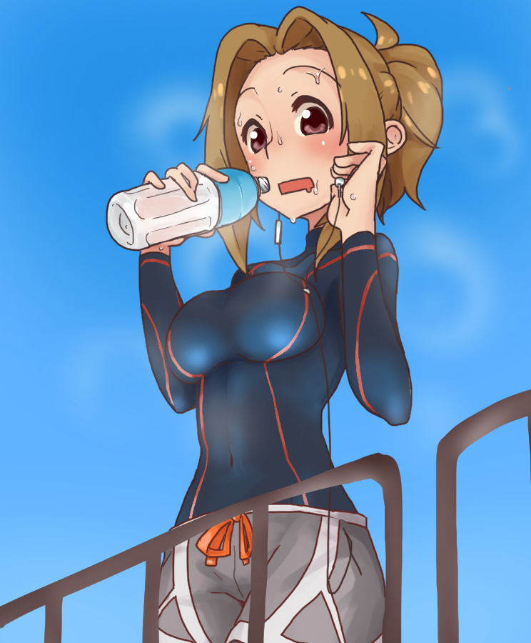 1girl, blonde_hair, blue_sky, blush, bottle, breasts, drink, earphones