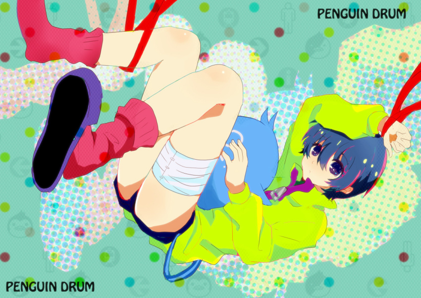1boy, animal, bandage_on_leg, bandages, bird, blue_eyes, blue_hair, copyright_name, dotted_background, highres, holding, holding_animal, jacket, legs, mawaru_penguindrum, penguin, red_ribbon, red_socks, ribbon, shoes, short_hair, shorts, single_shoe, socks, takakura_shouma, touri_(touri-aki), zipper, zipper_pull_tab