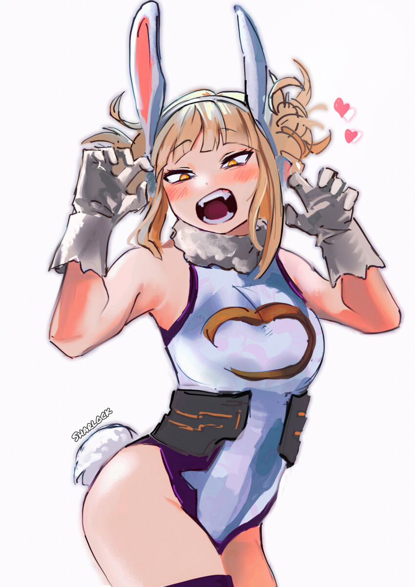 1girl, absurdres, animal_ears, artist_name, bare_shoulders, blonde_hair, boku_no_hero_academia, breasts, claw_pose, cosplay, double_bun, fangs, gloves, groin, hair_bun, heart, highres, hip_bones, large_breasts, looking_at_viewer, messy_hair, mirko, mirko_(cosplay), open_mouth, rabbit_ears, rabbit_tail, sharl0ck, simple_background, solo, tail, toga_himiko, white_background, white_gloves, wide_hips, yellow_eyes