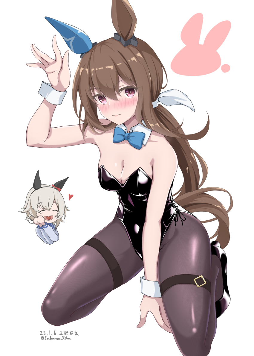 2girls, admire_vega_(umamusume), animal_ears, black_leotard, blue_bow, blue_bowtie, bow, bowtie