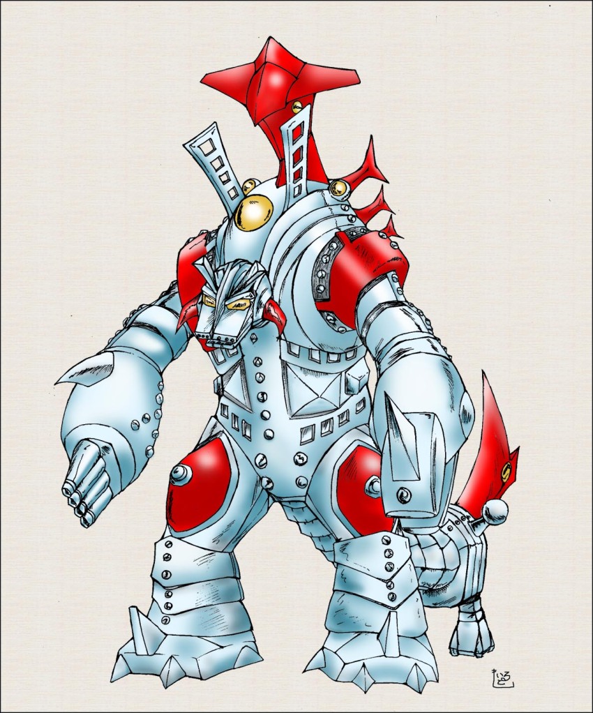 arm_cannon, cannon, finger_cannon, highres, iru_tomo, jikiro, kaiju, mecha, robot, simple_background, tail, terror-beast, toho, weapon, white_background, yellow_eyes, zone_fighter_(series)