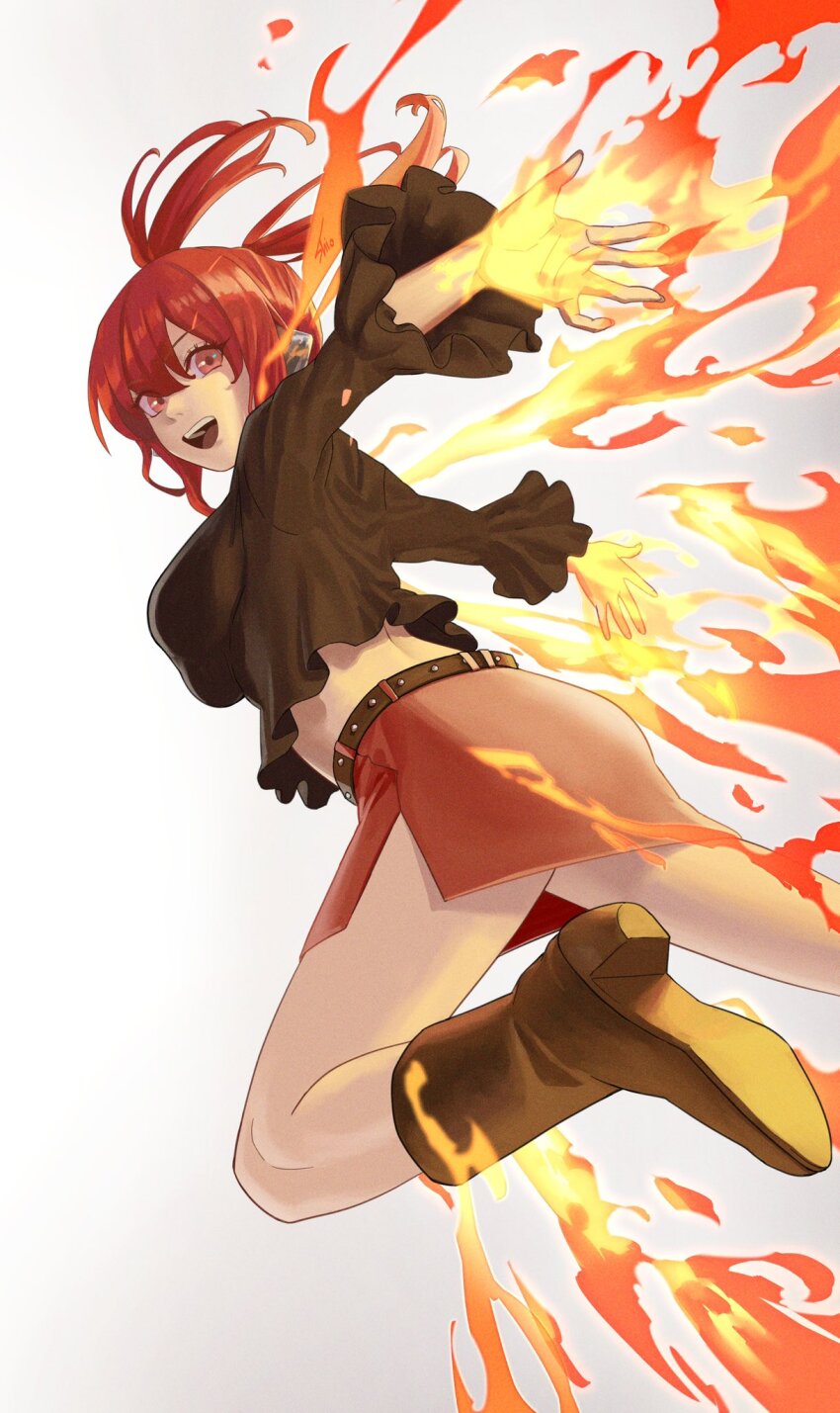 100%_orange_juice, 1girl, ass, belt, black_shirt, boots, brown_boots, commentary_request