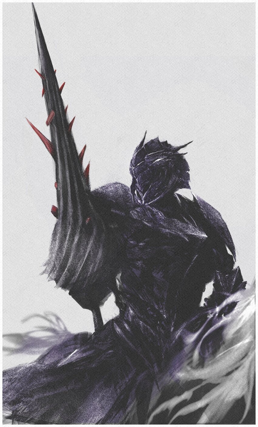 1girl, absurdres, armor, artoria_pendragon_(fate), artoria_pendragon_(lancer_alter)_(fate), artoria_pendragon_(lancer_alter)_(first_ascension)_(fate), commission, dark_rhongomyniad_(fate), fate/grand_order, fate_(series), full_armor, graffitigw, helmet, highres, holding, holding_polearm, holding_weapon, horse, llamrei_(fate), polearm, riding, scan, scan_artifacts, simple_background, skeb_commission, solo, spear, weapon