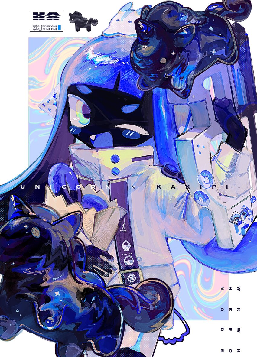 1girl, absurdres, alternate_skin_color, aqua_eyes, arm_up, artist_name, bag, black_skin