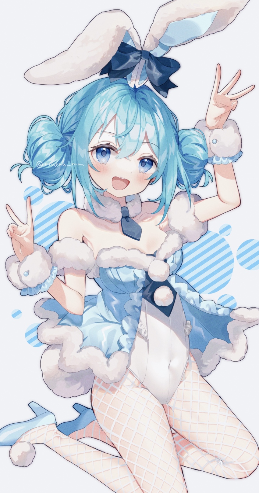 1girl, :d, absurdres, animal_ears, bicute_bunnies_miku, bicute_bunnies_miku_(white_bunny), blue_bow, blue_eyes, blue_footwear, blue_hair, blue_necktie, blush, bow, chinese_zodiac, commentary_request, covered_navel, double_bun, fishnet_pantyhose, fishnets, fuinagi_(huyuu_mm), fur_collar, fur_cuffs, hair_bow, hair_bun, hatsune_miku, high_heels, highres, leotard, necktie, open_mouth, pantyhose, pom_pom_(clothes), rabbit_ears, smile, solo, v, vocaloid, w, white_leotard, white_pantyhose, wrist_cuffs, year_of_the_rabbit
