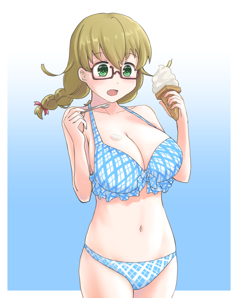 1girl, bare_shoulders, bikini, blonde_hair, blush, braid, breasts, cleavage