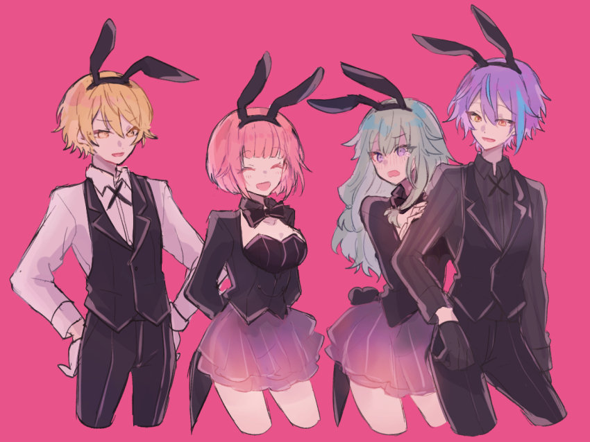 animal_ears, black_bow, black_bowtie, black_jacket, black_pants, black_shirt, black_vest, blonde_hair