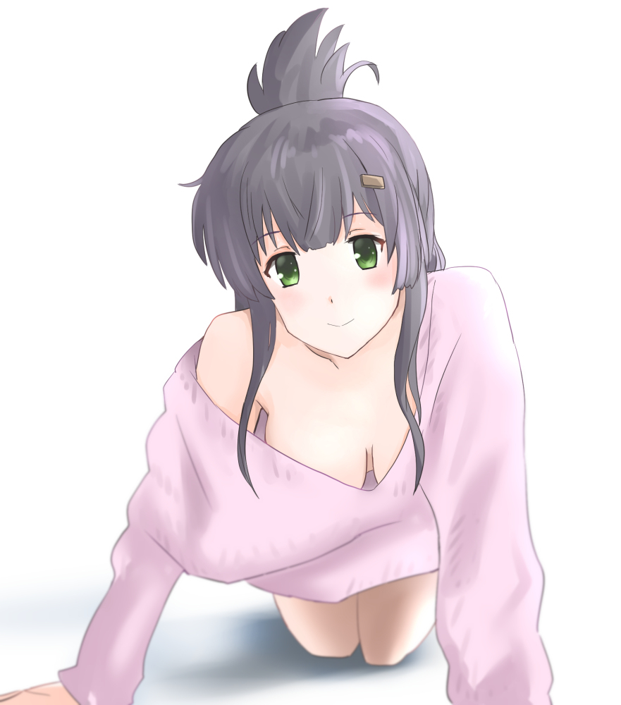 1girl, all_fours, black_hair, blush, breasts, closed_mouth, downblouse, green_eyes