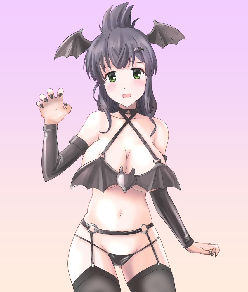 1girl, bare_shoulders, bat_hair_ornament, black_hair, black_nails, blush, breasts, cleavage
