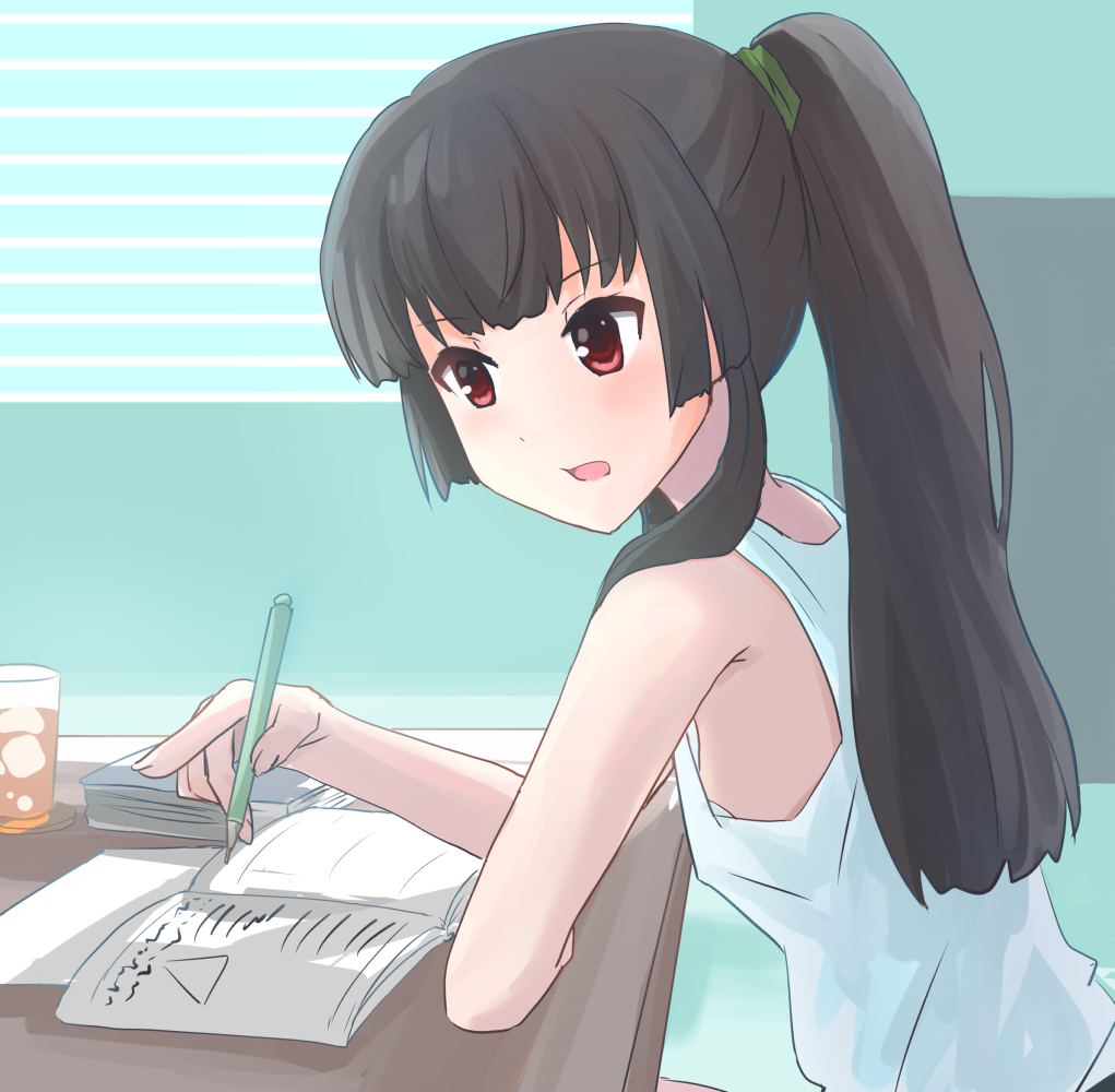 1girl, arm_support, black_hair, blush, breasts, indoors, juujou_hiyori, long_hair