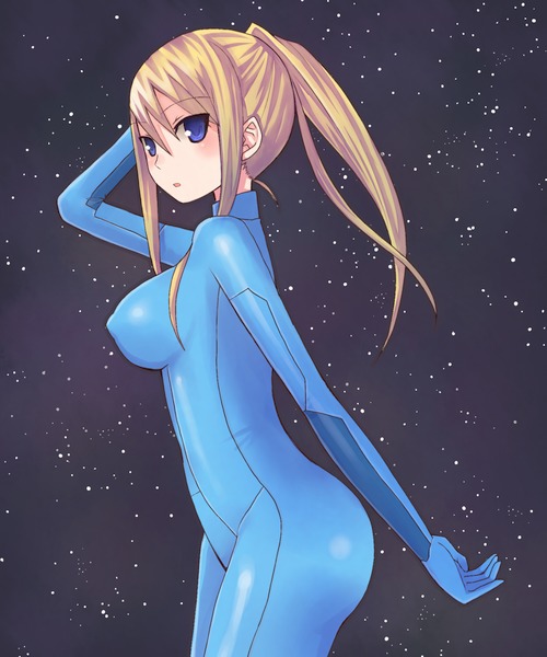 1girl, blonde_hair, blue_eyes, bodysuit, breasts, female_focus, hinuki_marina, large_breasts, metroid, nintendo, ponytail, samus_aran, solo, zero_suit