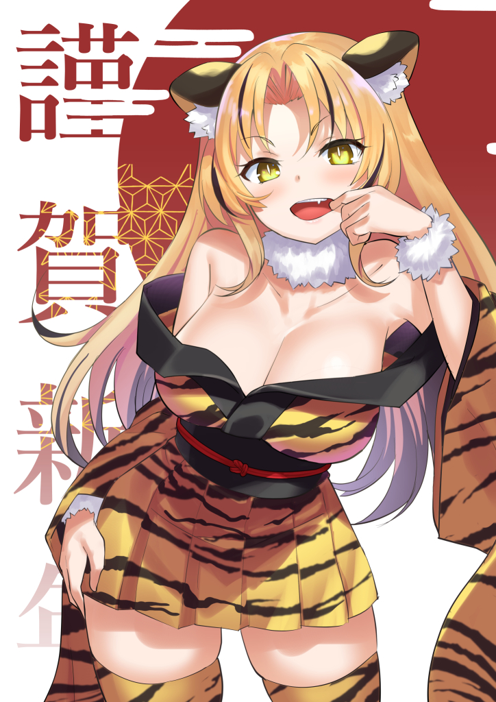 1girl, animal_ears, animal_print, asa_no_ha_(pattern), text_background, bare_shoulders, breasts, chinese_zodiac, cleavage, commentary, cowboy_shot, detached_sleeves, dress, egasumi, fang, flag_background, fur_collar, fur_cuffs, hand_on_own_hip, happy_new_year, japanese_flag, large_breasts, lip_pull, long_hair, looking_at_viewer, muunyan_(yumenekoya), new_year, off_shoulder, open_mouth, original, parted_bangs, pleated_dress, print_dress, print_sleeves, print_thighhighs, short_dress, slit_pupils, solo, standing, tail, thighhighs, tiger_ears, tiger_girl, tiger_print, translated, wide_sleeves, year_of_the_tiger, yellow_dress, yellow_eyes, yellow_sleeves, yellow_thighhighs