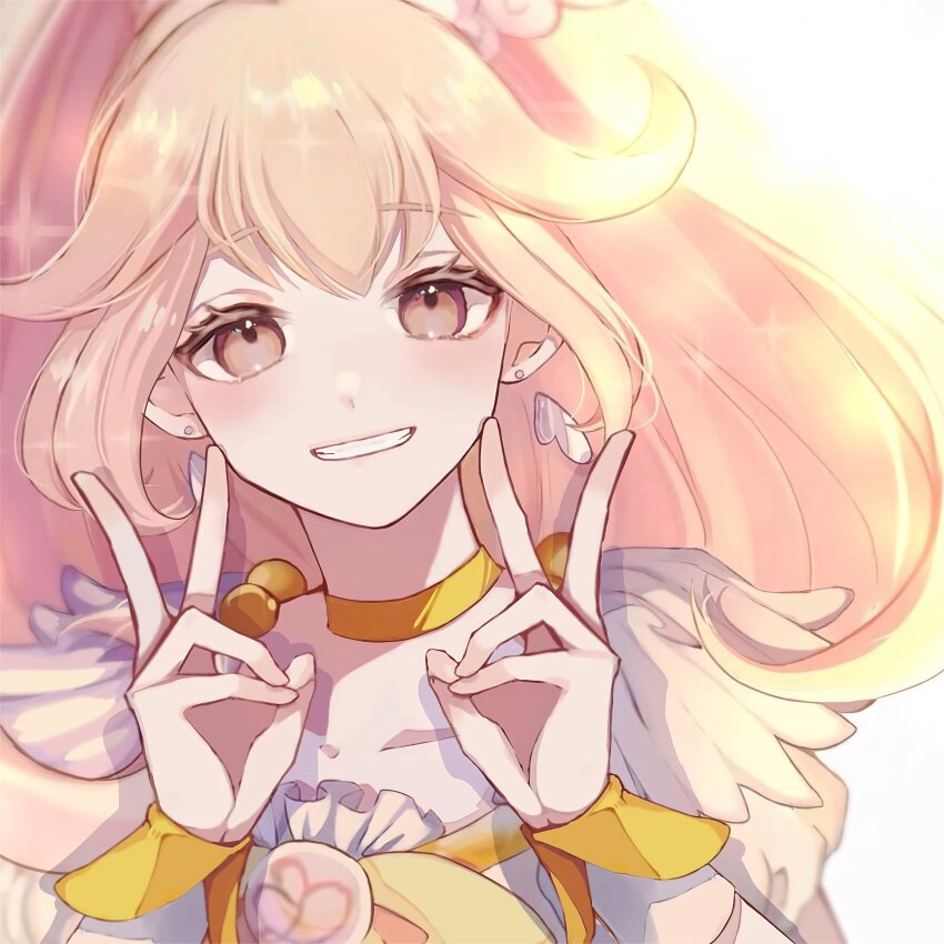 1girl, blonde_hair, brown_eyes, choker, commentary_request, cure_peace, double_v, earrings