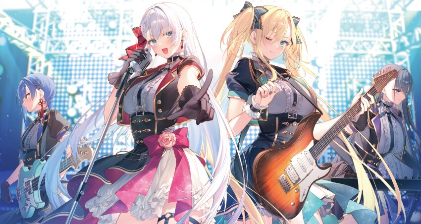4girls, ;), bass_guitar, black_gloves, blonde_hair, blue_eyes, blue_hair, blue_jacket, bow, braid, breasts, brown_eyes, brown_hair, closed_mouth, dress_shirt, earrings, elfine_phillet, floating_hair, frilled_bow, frills, gem, gloves, green_eyes, grey_bow, hair_between_eyes, hair_bow, hair_ornament, highres, holding, holding_instrument, holding_microphone, idol, index_finger_raised, instrument, jacket, jewelry, large_breasts, long_hair, looking_at_viewer, microphone, microphone_stand, miniskirt, multiple_girls, non-web_source, novel_illustration, official_art, one_eye_closed, open_clothes, open_jacket, red_bow, red_gem, regina_mercedes, riselia_ray_crystalia, sakuya_sieglinde, seiken_gakuin_no_maken_tsukai, shirt, short_hair, short_sleeves, single_braid, skirt, smile, stage, toosaka_asagi, twintails, underbust, very_long_hair, white_hair, white_shirt, white_skirt, wrist_cuffs, yamaha_attitude