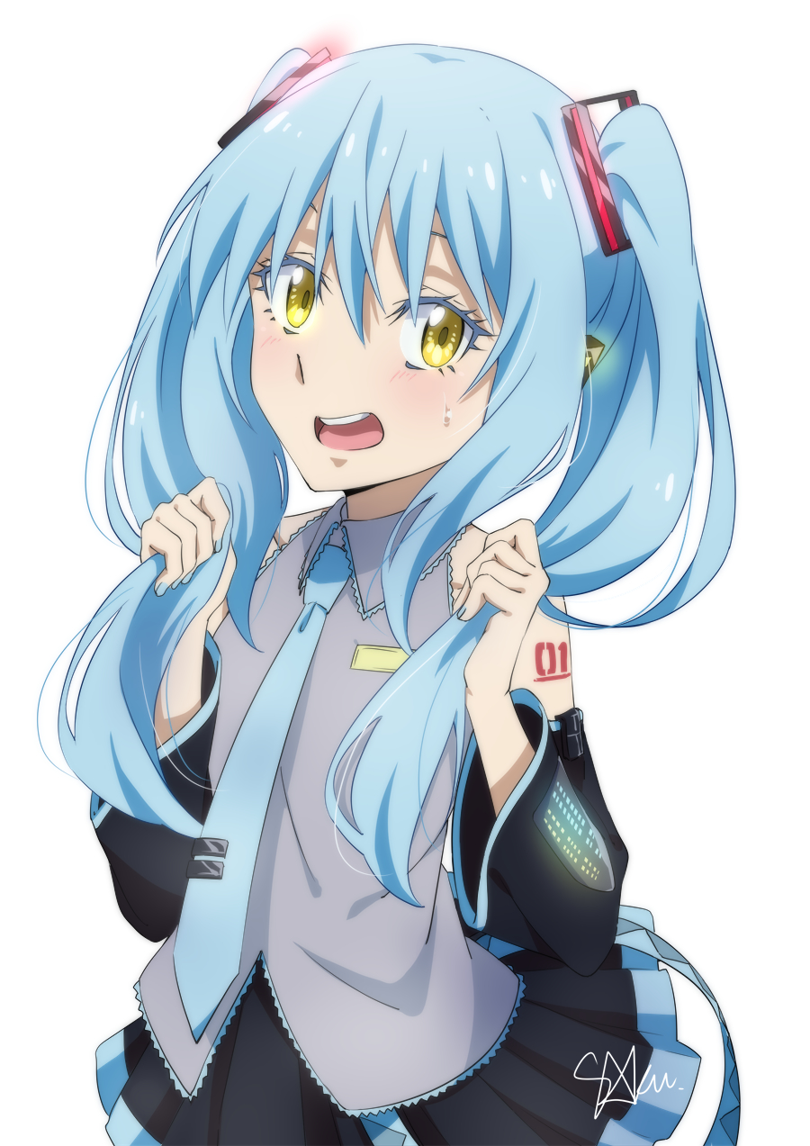 1other, ambiguous_gender, arm_tattoo, black_skirt, black_sleeves, blue_hair, blush, collared_shirt