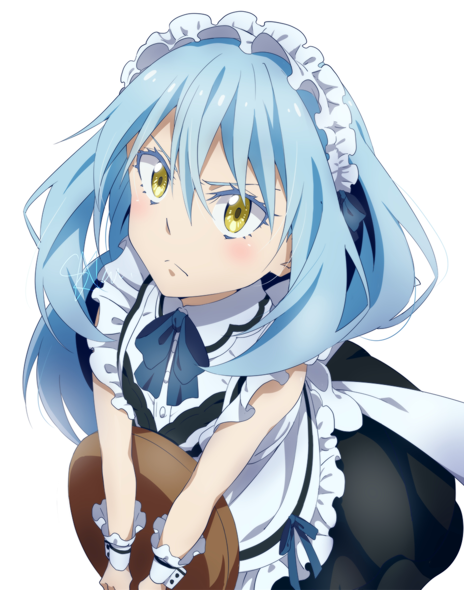 1other, alternate_costume, ambiguous_gender, apron, black_skirt, blue_bow, blue_bowtie, blue_hair