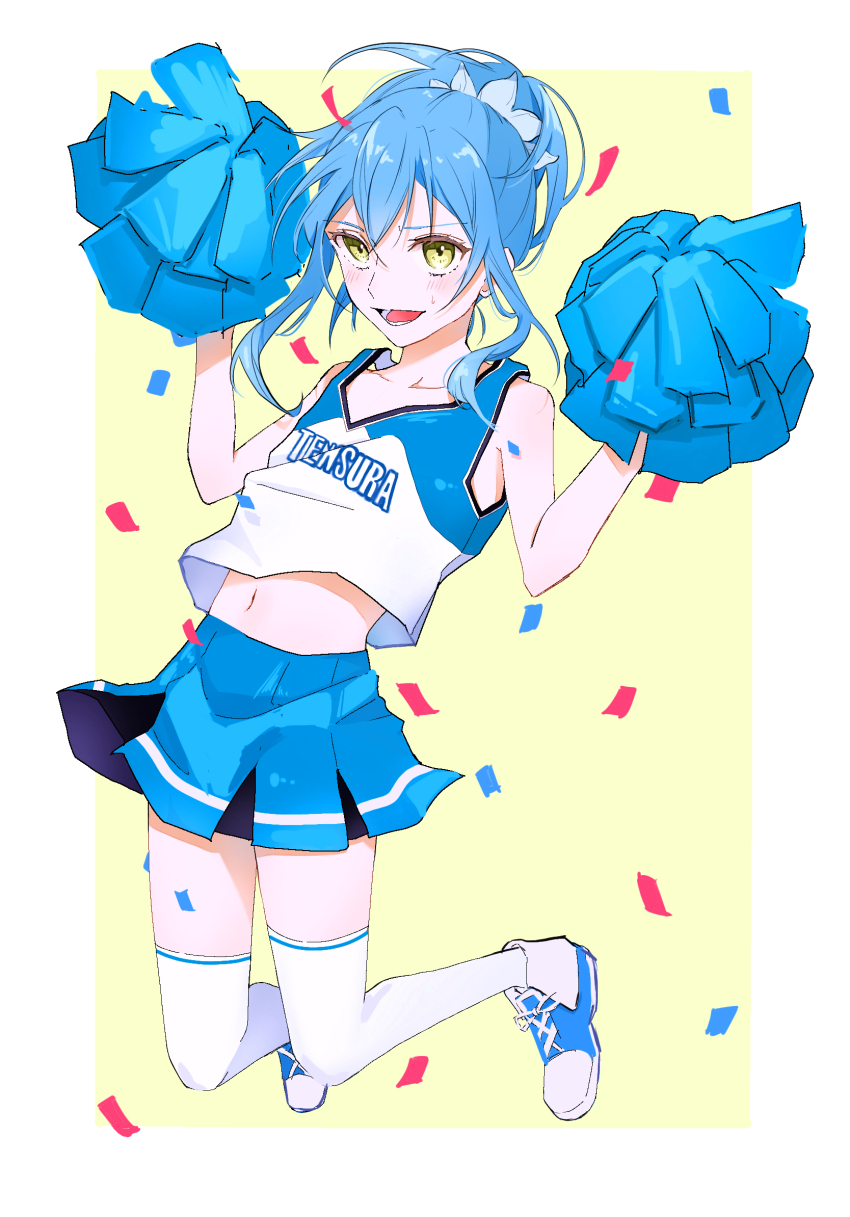1other, :d, ambiguous_gender, blue_hair, blue_shirt, blue_skirt, border, cheerleader, collarbone, floating_hair, full_body, hair_between_eyes, highres, long_hair, midriff, miniskirt, multicolored_shirt, navel, open_mouth, pleated_skirt, pom_pom_(cheerleading), ponytail, print_shirt, rimuru_tempest, shirt, skirt, sleeveless, sleeveless_shirt, smile, stomach, sweatdrop, tensei_shitara_slime_datta_ken, thighhighs, white_border, white_lily831, white_shirt, white_thighhighs, yellow_background, yellow_eyes, zettai_ryouiki