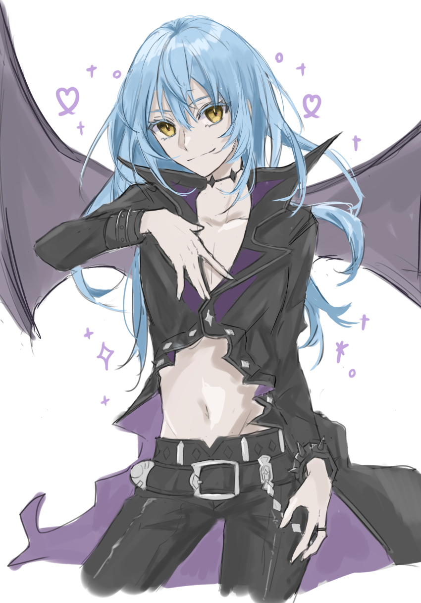 1other, ambiguous_gender, black_pants, blue_hair, closed_mouth, collarbone, colored_eyelashes, grey_wings