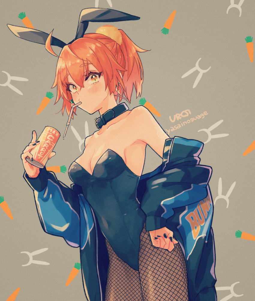 1girl, animal_ears, bare_shoulders, black_collar, black_leotard, black_nails, blush, breasts, can, cleavage, collar, collarbone, covered_navel, cowboy_shot, drinking_straw, fake_animal_ears, fate/grand_order, fate_(series), fishnet_pantyhose, fishnets, fujimaru_ritsuka_(female), grey_background, hair_between_eyes, hand_on_own_hip, highres, holding, holding_can, kajijii, leotard, long_hair, medium_breasts, mouth_hold, nail_polish, orange_hair, pantyhose, playboy_bunny, ponytail, rabbit_ears, solo, standing, strapless, strapless_leotard, yellow_eyes