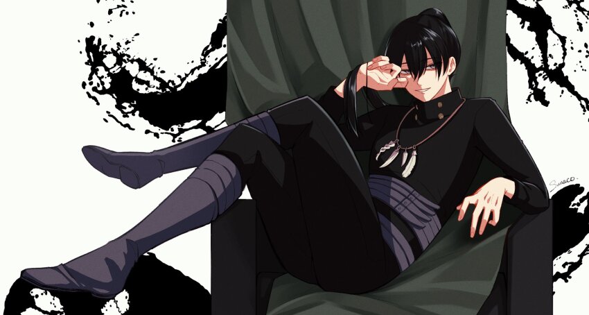 1boy, black_clover, black_hair, black_pants, black_shirt, blue_eyes, boots, chair
