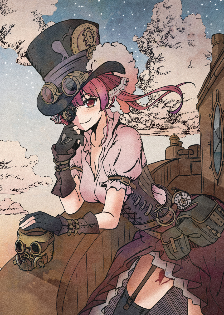 1girl, absurdres, black_gloves, black_thighhighs, cloud, eyepatch, garter_straps, gloves