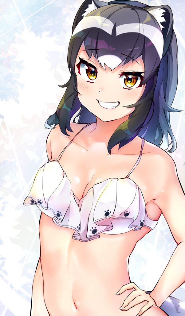 1girl, animal_ears, bikini, black_hair, blush, breasts, cleavage, common_raccoon_(kemono_friends), frilled_bikini, frills, grey_hair, grin, hand_on_own_hip, kemono_friends, kobacha_(ochakoba), looking_at_viewer, medium_breasts, medium_hair, multicolored_hair, navel, orange_eyes, raccoon_ears, raccoon_tail, smile, solo, swimsuit, tail, upper_body, white_bikini