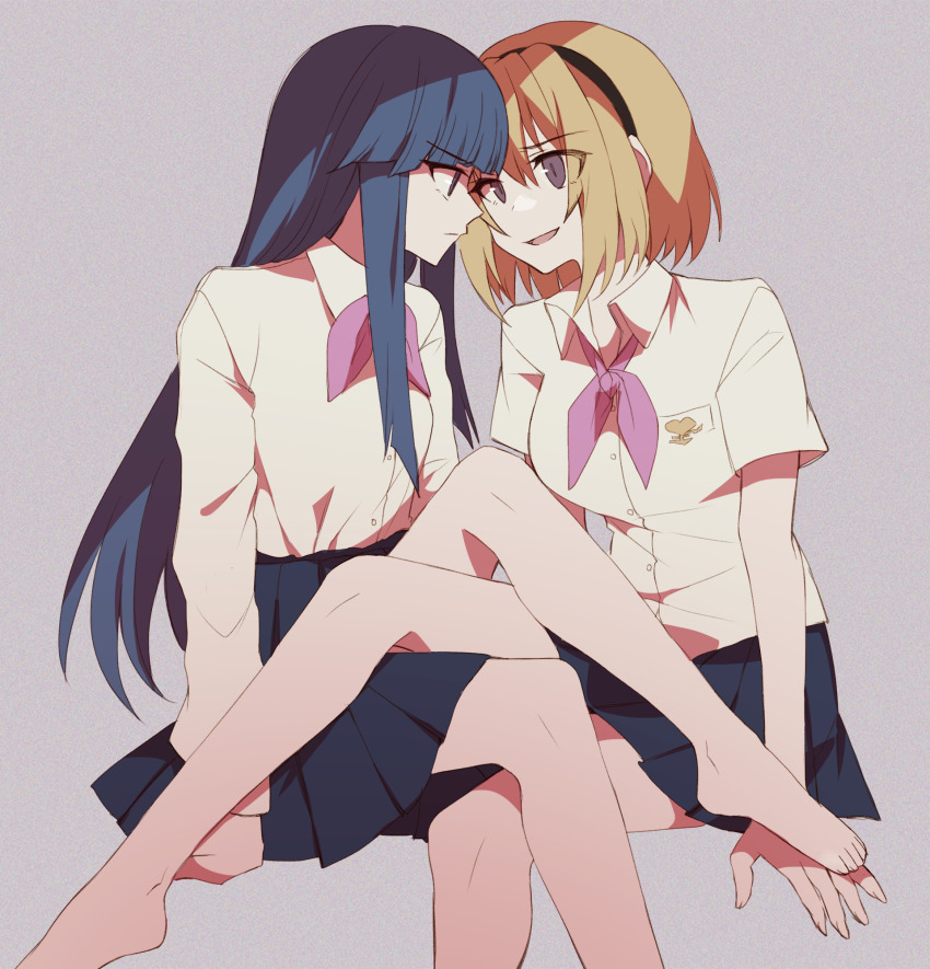 2girls, barefoot, black_hairband, black_skirt, blonde_hair, blue_hair, blunt_bangs, bow