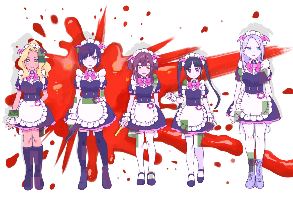 5girls, akiba_maid_sensou, animal_ears, apron, black_hair, blonde_hair, blue_eyes, brown_hair
