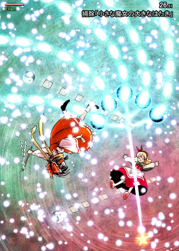 2girls, artist_request, black_hair, blonde_hair, bow, cosplay, danmaku, detached_sleeves