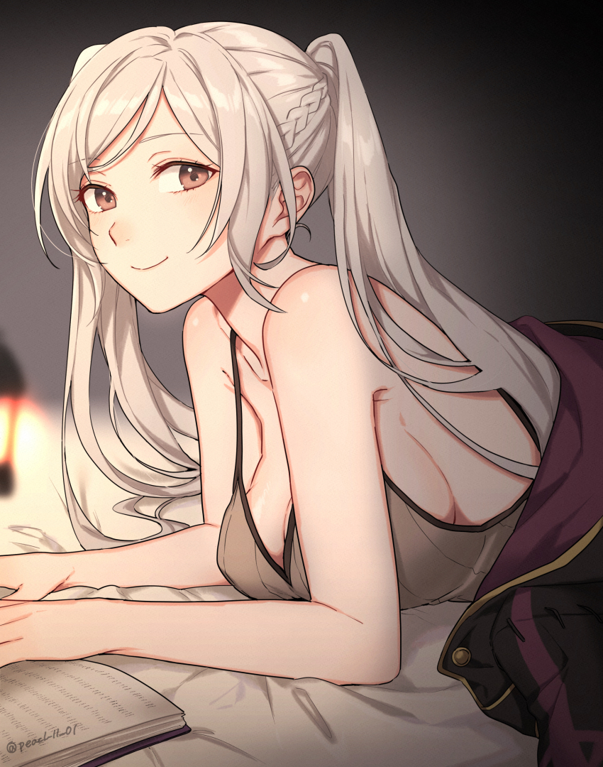 1girl, alternate_breast_size, book, breasts, brown_eyes, cleavage, female_robin_(fire_emblem), fire_emblem, fire_emblem_awakening, gloves, highres, large_breasts, long_hair, looking_at_viewer, lying, nintendo, on_stomach, reading, robe, shamu_(peach11_01), sideboob, smile, solo, tank_top, twintails, upper_body, white_hair