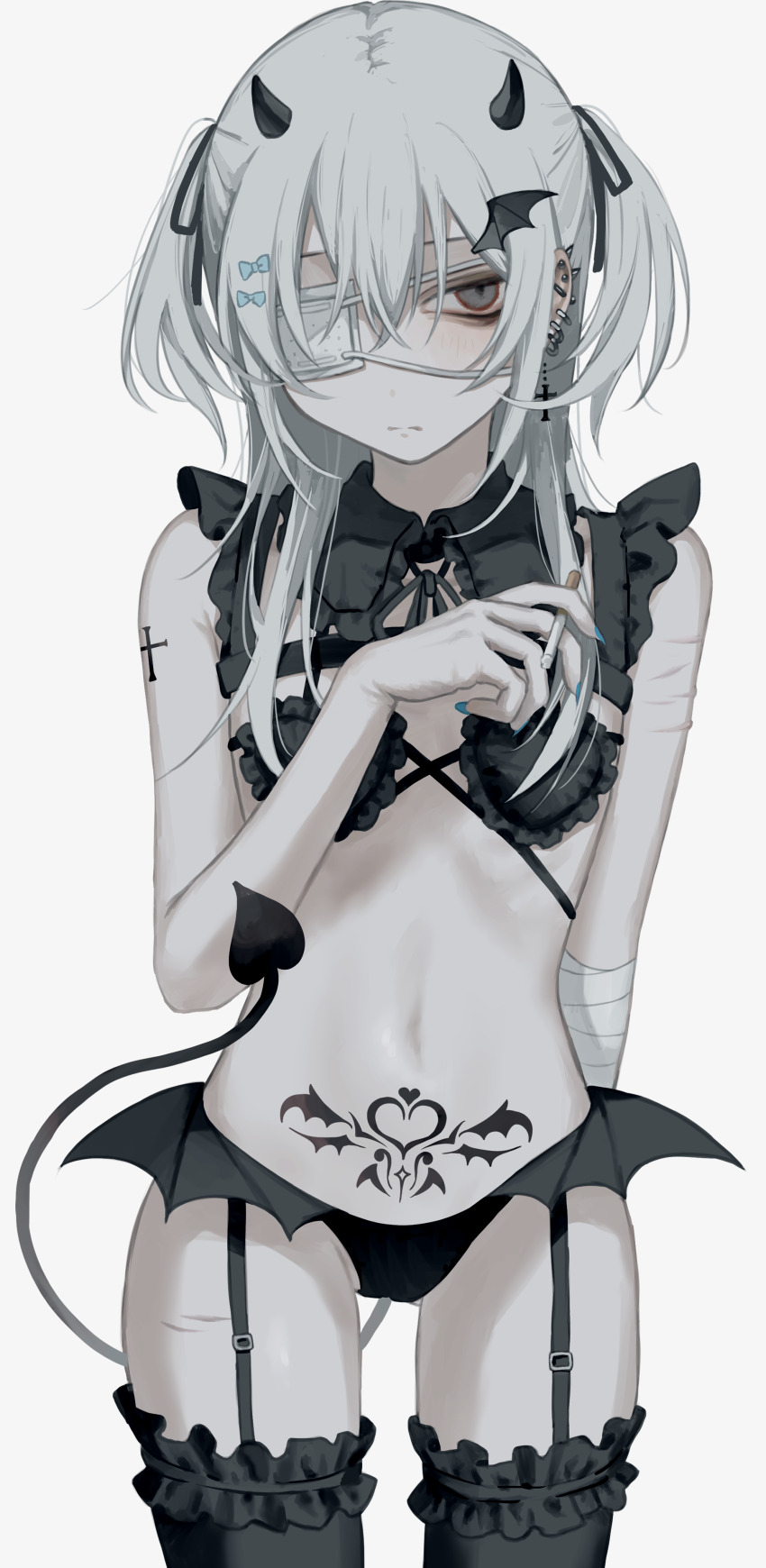 1girl, absurdres, arm_tattoo, bandaged_arm, bandages, black_eyes, black_horns, black_ribbon, black_thighhighs, bow, bra, cigarette, closed_mouth, cowboy_shot, cross, cross_earrings, cuts, demon, demon_girl, ear_piercing, earrings, eyepatch, flat_chest, frilled_thighhighs, frills, garter_belt, garter_straps, hair_bow, hair_ornament, hair_ribbon, highres, holding, holding_cigarette, horns, injury, jewelry, lace, lace_bra, lingerie, looking_at_viewer, medium_hair, navel, nia_(x_x02), one_eye_covered, original, pale_skin, piercing, pubic_tattoo, ribbon, short_twintails, simple_background, solo, tattoo, thighhighs, twintails, underwear, white_background, white_hair, wing_hair_ornament